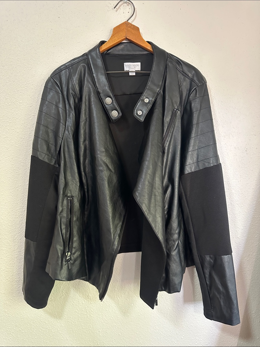 Bison Bisou Black Mixed-Texture Faux Leather Jacket